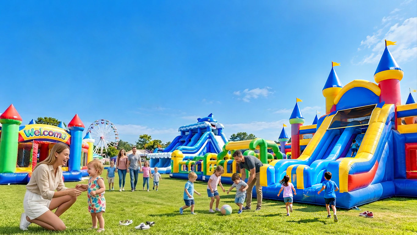 Commercial inflatable park with bounce houses, slides, and family entertainment attractions