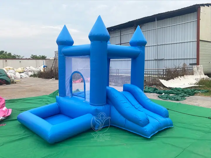 blue bounce house with ball pit