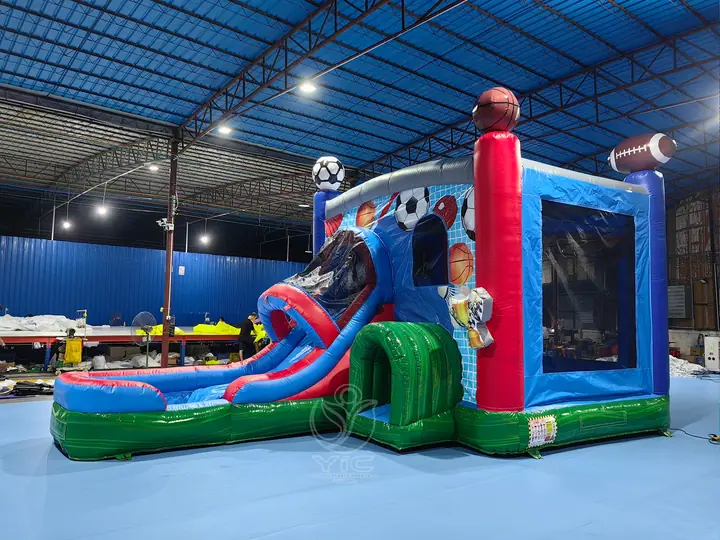 bounce house with slide and basketball hoop