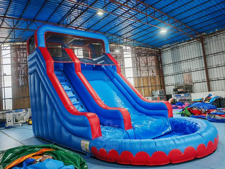 Double water slide with splash pool