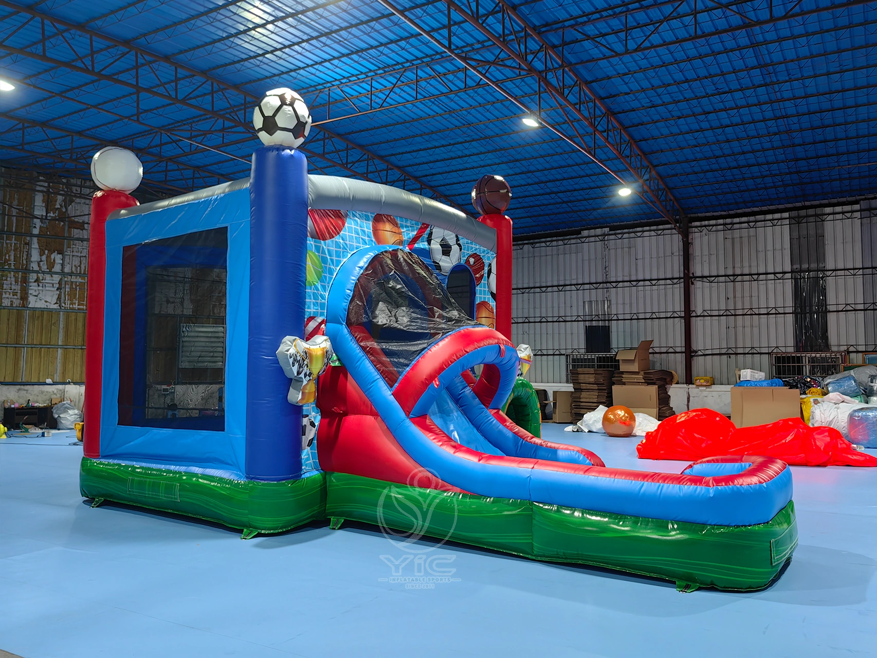 Inflatable bounce house with slide and basketball hoop product photo 2