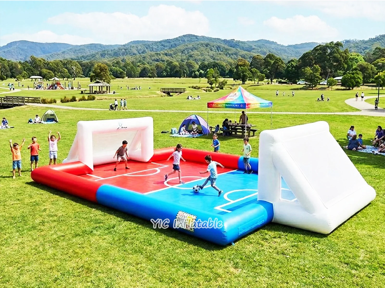 Inflatable soccer field slip and slide, a commercial slip-and-slide soccer field by YIC Inflatable Sports