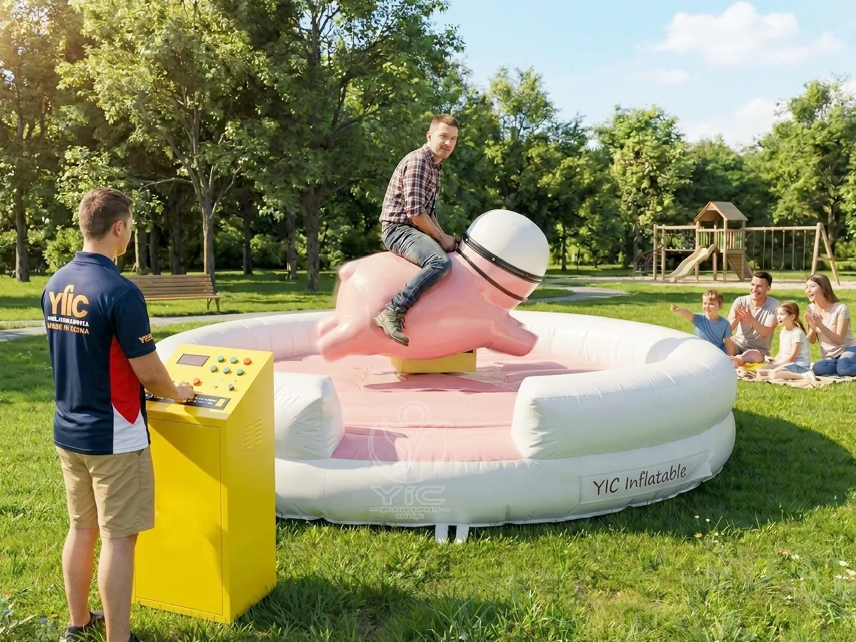 Inflatable pink pig mechanical riding ride, a commercial commercial themed mechanical riding attraction by YIC Inflatable Sports