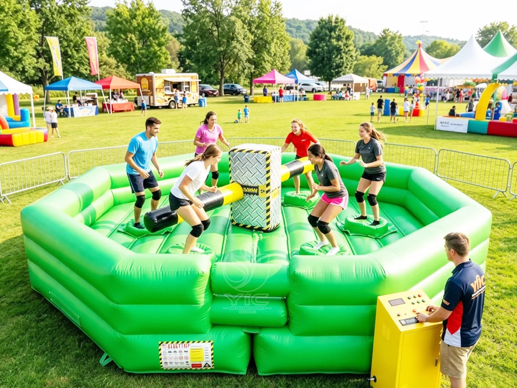 Blow up wipeout course, a commercial commercial rotating sweeper and wipeout challenge game by YIC Inflatable Sports