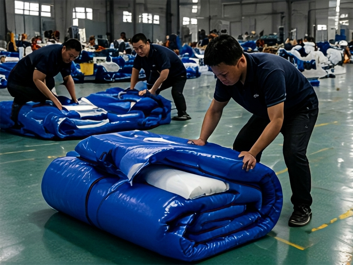 Commercial Inflatable Manufacturer quality inspection and packaging process before export at YIC Inflatable Sports factory