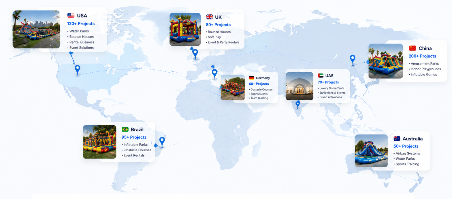 Global inflatable project distribution map showing commercial bounce houses water slides obstacle courses and inflatable tent