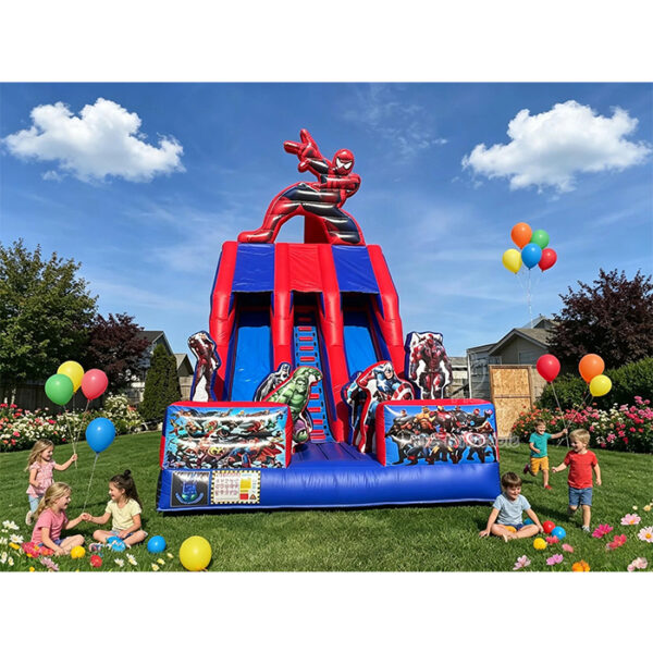 commercial Avengers superhero inflatable slide with 3D Spider-Man figure and character panels by YIC factory